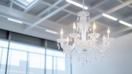 A chandelier hangs from the ceiling in a room with white walls
