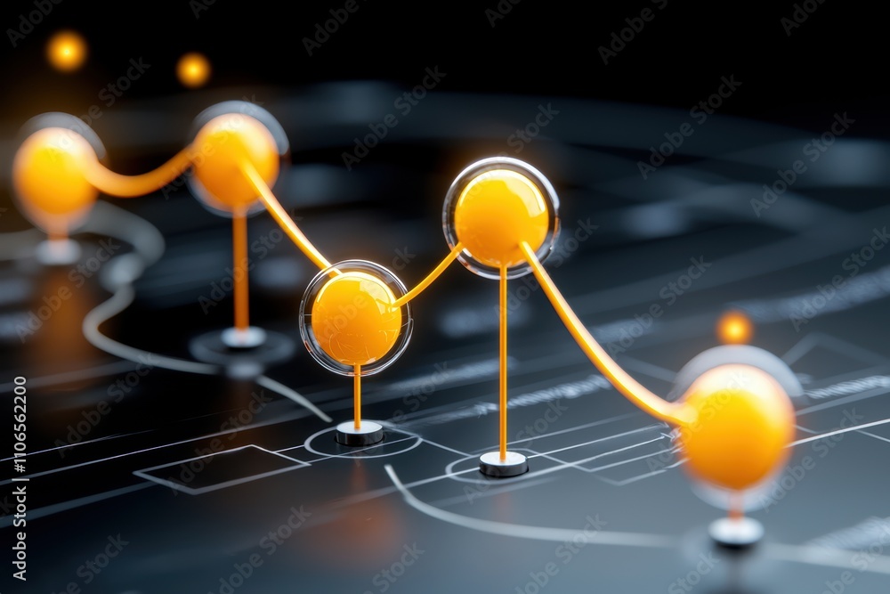 Poster a dynamic graph with orange circular markers depicts upward trends on a sleek, dark background, symb