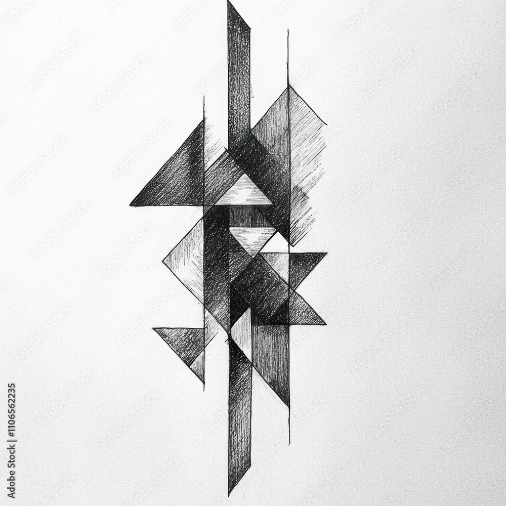 Poster abstract black and white geometric shapes creating a dynamic composition, showcasing a modern art co