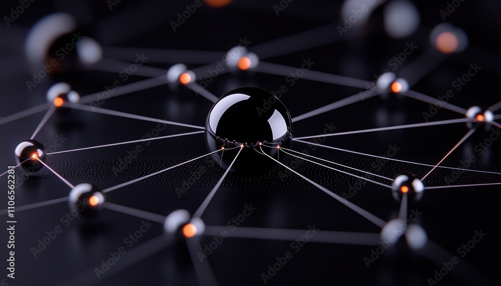 Poster a close-up of a network of connected spheres against a dark background, illustrating concepts of con