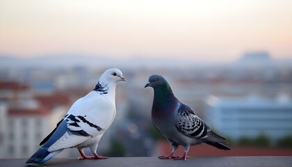 Two pigeons perch in city view, nature-inspired backdrop