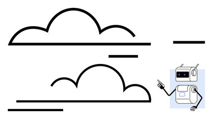 Clouds horizontal lines, and a robot character creating a minimalist scene emphasizing technology, simplicity, and clarity. Ideal for tech, nature, modern design, education, and presentations. Line