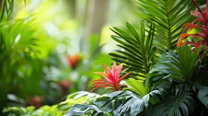 A variety of tropical plants including some with red leaves.