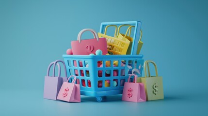 Naklejka premium A colorful shopping basket filled with bags and balls, representing consumerism and shopping.