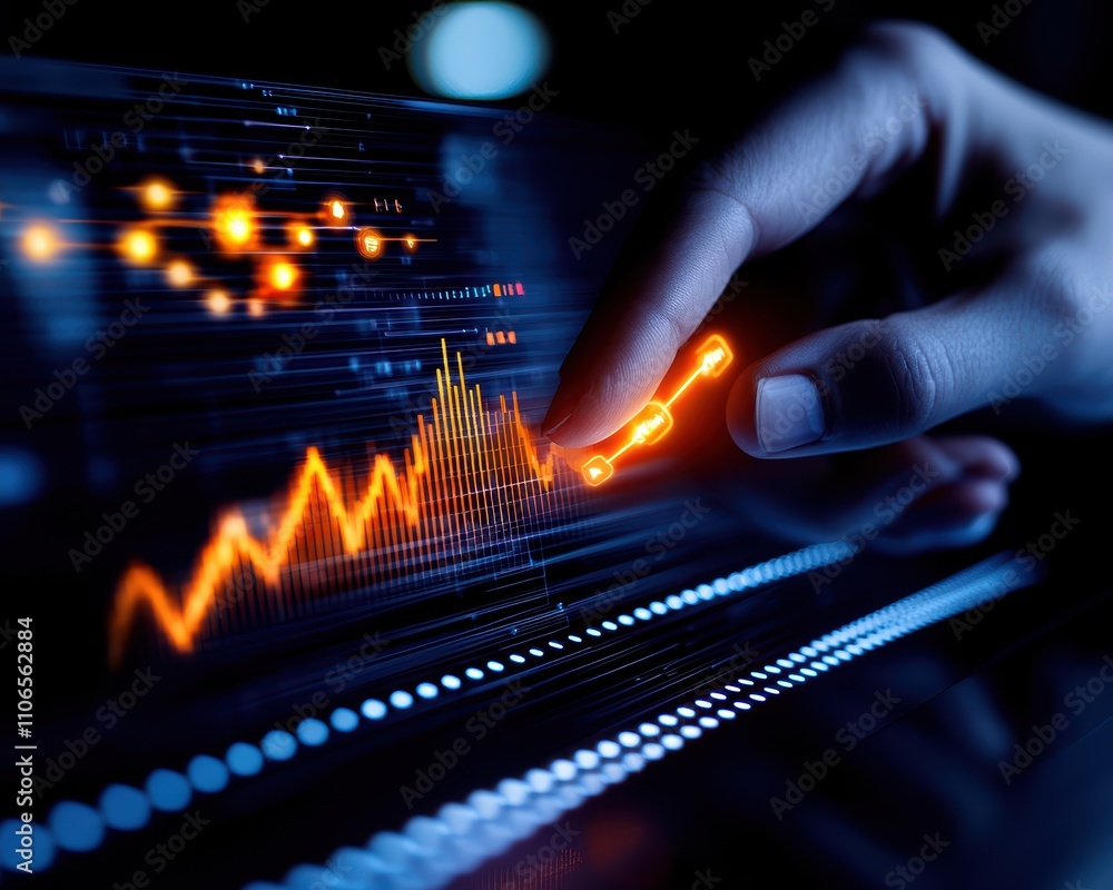Poster a hand interacts with a glowing data graph, illustrating trends and analytics in a futuristic digita