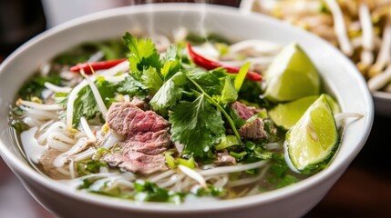 A bowl of fragrant pho filled with rice noodles, thinly sliced beef, and fresh herbs