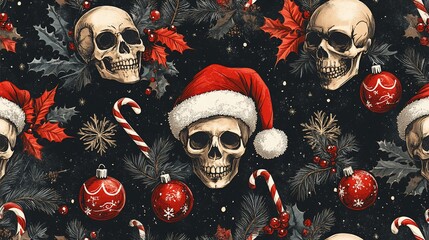 Dark Christmas skulls, holly, and ornaments seamless pattern.