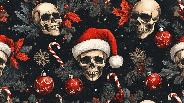 Dark Christmas skulls, holly, and ornaments seamless pattern.