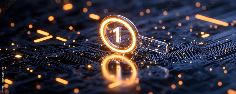 Poster a glowing number one symbol floats over a digital circuit background, symbolizing technology, innova
