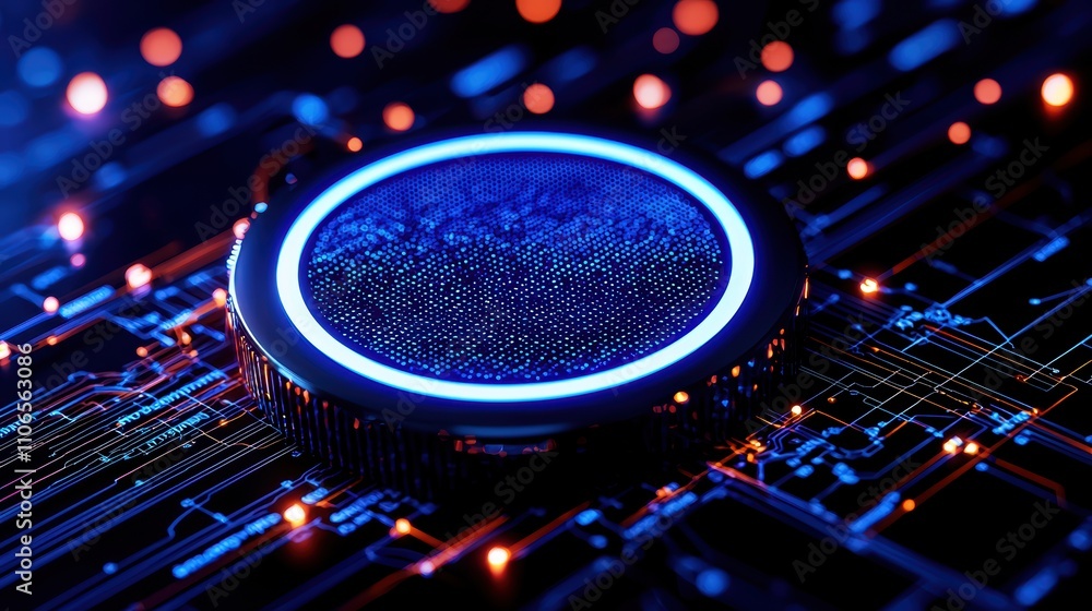 Poster a futuristic circuit board with a glowing circular element, showcasing a vibrant interplay of lights
