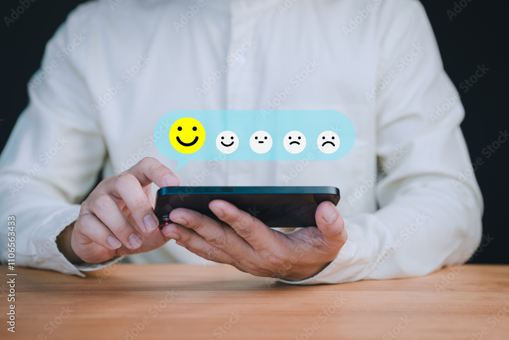 Poster person holding a smartphone select a happy face icon from a feedback scale with five emoji option, s