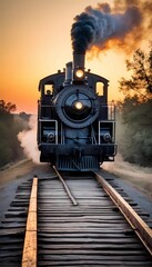 Historic steam locomotive travels along a wooden trestle at sunset amidst a serene landscape filled with nature\'s beauty. Generative AI