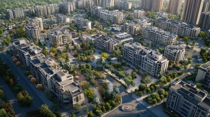 Aerial view of modern residential area with parks and streets.