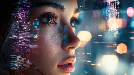Close-up of a woman's face blended with vibrant digital elements in urban setting