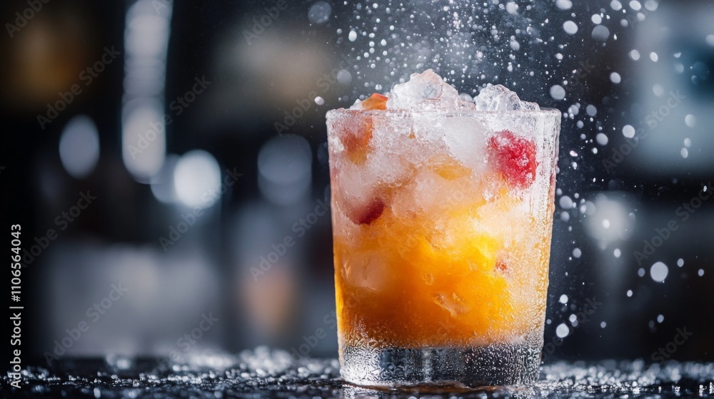 Aufkleber a vibrant mixture of juice is being prepared in a glass filled with ice and colorful fruits. the dro