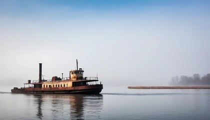Fototapeta premium Classic steamboat glides through tranquil morning mist on a peaceful waterfront. Generative AI