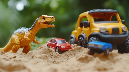 Obraz premium Toy cars and a dinosaur on a sandy surface.
