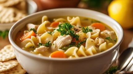 A bowl of hearty chicken noodle soup garnished with chopped parsley and served with oyster crackers, Chicken noodle soup bowl centered, Soft diffused lighting accentuating its comforting warmth