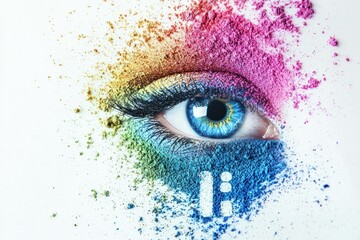 Colorful eye makeup with vibrant pigments creating an artistic splash effect, showcasing a creative beauty concept with bright colors and detailed eye artistry.