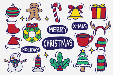 set of christmas doodle color good for background, element design, icons, etc