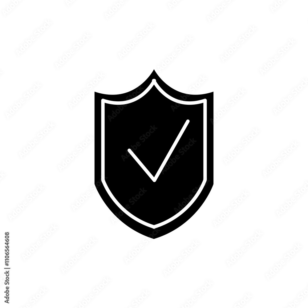 Poster shield with check mark, vector flat black simple trendy style illustration for web and app..eps