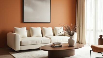 Stylish Modern Living Room with Earthy Tones, Minimalist Furniture, and Artistic Decor for Serenity