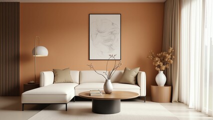 Stylish Modern Living Room with Earthy Tones, Minimalist Furniture, and Artistic Decor for Serenity