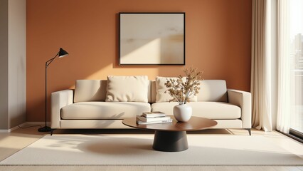 Stylish Modern Living Room with Earthy Tones, Minimalist Furniture, and Artistic Decor for Serenity