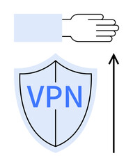 Hand shield with VPN text arrow symbolize cyber protection privacy security, anonymity, internet freedom. Ideal for technology, safety, digital security, VPN services, online privacy, internet
