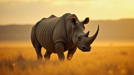 Obraz premium A powerful image of a rhinoceros in the wild savanna, with its massive form standing tall against the vast, golden landscape, highlighting its majestic presence.