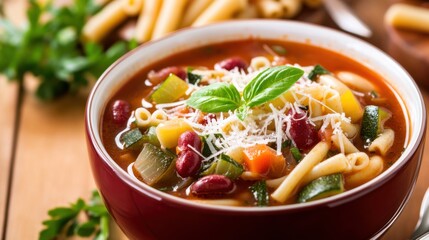 A bowl of hearty minestrone soup filled with vegetables, beans, and pasta