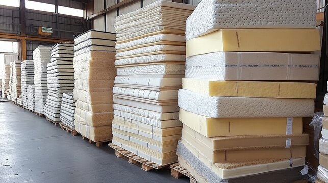 Mattress Storage Warehouse Stacked Foam Mattresses Organized for Sale - Powered by Adobe