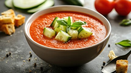 A bowl of refreshing gazpacho soup garnished with cucumber and croutons, Soup in bowl, Soft diffused lighting accentuating the vibrant red color