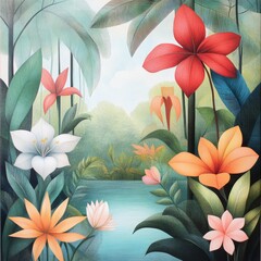 Vibrant Tropical Flowers and Lush Green Leaves