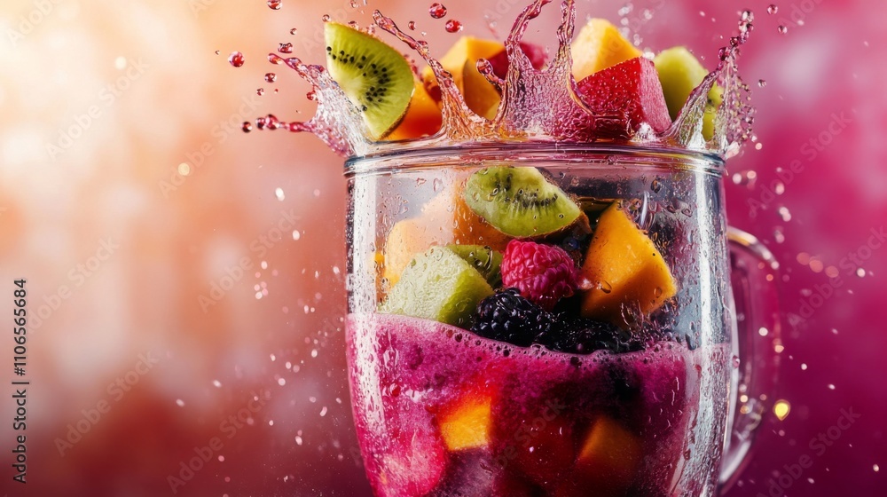 Poster a clear glass mug overflows with a vibrant mix of fresh fruits like kiwi, mango, and berries. juice 