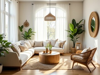 Fototapeta premium Stylish Living Room with Large Windows, Lush Plants, and Contemporary Furniture for Ultimate Comfort