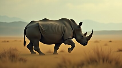 Obraz premium A dynamic image of a rhinoceros in motion, capturing its strength and power as it moves through the wild, emphasizing its natural grace despite its size.