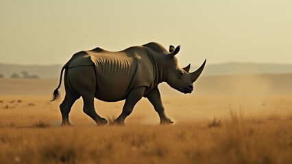 Fototapeta premium A dynamic image of a rhinoceros in motion, capturing its strength and power as it moves through the wild, emphasizing its natural grace despite its size.