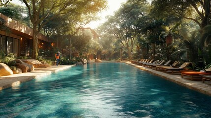 Obraz premium Serene Tropical Resort Pool Surrounded by Lush Trees