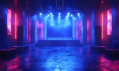 Naklejka premium Neon Club Atmosphere, A futuristic performance space bathed in neon blue light
