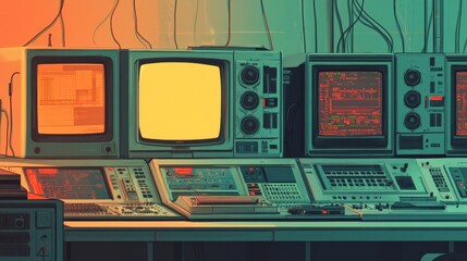 Vintage Computer Workstation with Retro Monitors, Control Panels, and Complex Wiring in a Dimly Lit Environment, Perfect for Technology and Sci-Fi Themes