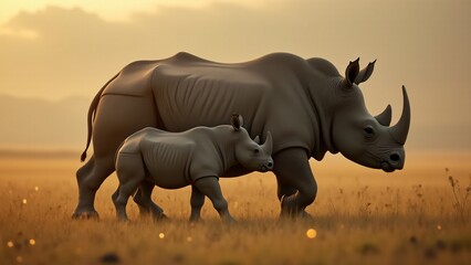 Fototapeta premium A heartwarming scene of a rhinoceros mother and calf, capturing the protective bond and gentle nature between them in the wild.