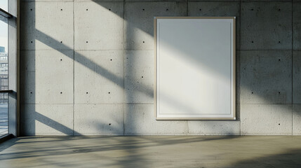 Minimalist interior with blank frame on concrete wall