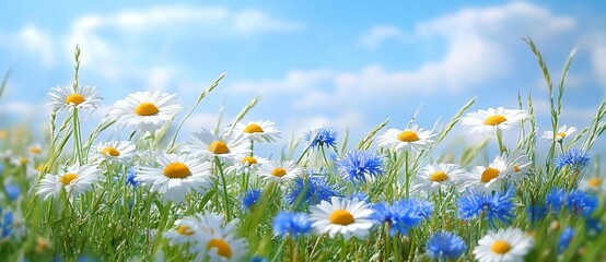 Vibrant Meadow with Daisies and Blue Cornflowers under Blue Sky and Clouds