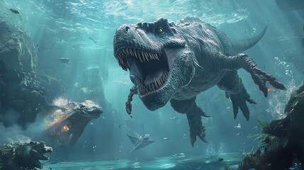Fototapeta premium A dinosaur swims through a watery, futuristic city.