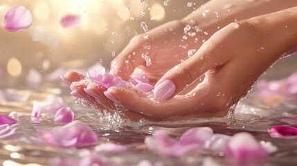 Fototapeta premium Hands Holding Soft Flower Petals in Water with Gentle Splashing