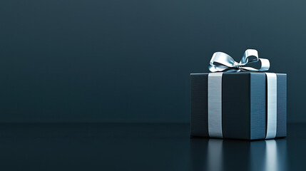 Elegant black gift box with silver ribbon on dark background