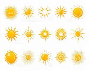 Collection of Hand Drawn Yellow Sun Icons with Unique Styles for Summer