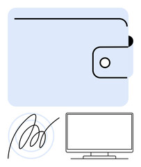 Large digital wallet, electronic signature, and computer screen suggest secure transactions, e-commerce, and digital finance. Ideal for cybersecurity, fintech, banking, e-commerce digital identity