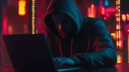 Obraz premium A hooded figure sits in front of a laptop with a city background.